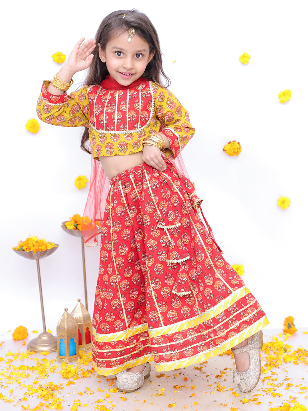 BownBee Festive Lehenga Choli & Kurta Pajama Sibling Set - Red