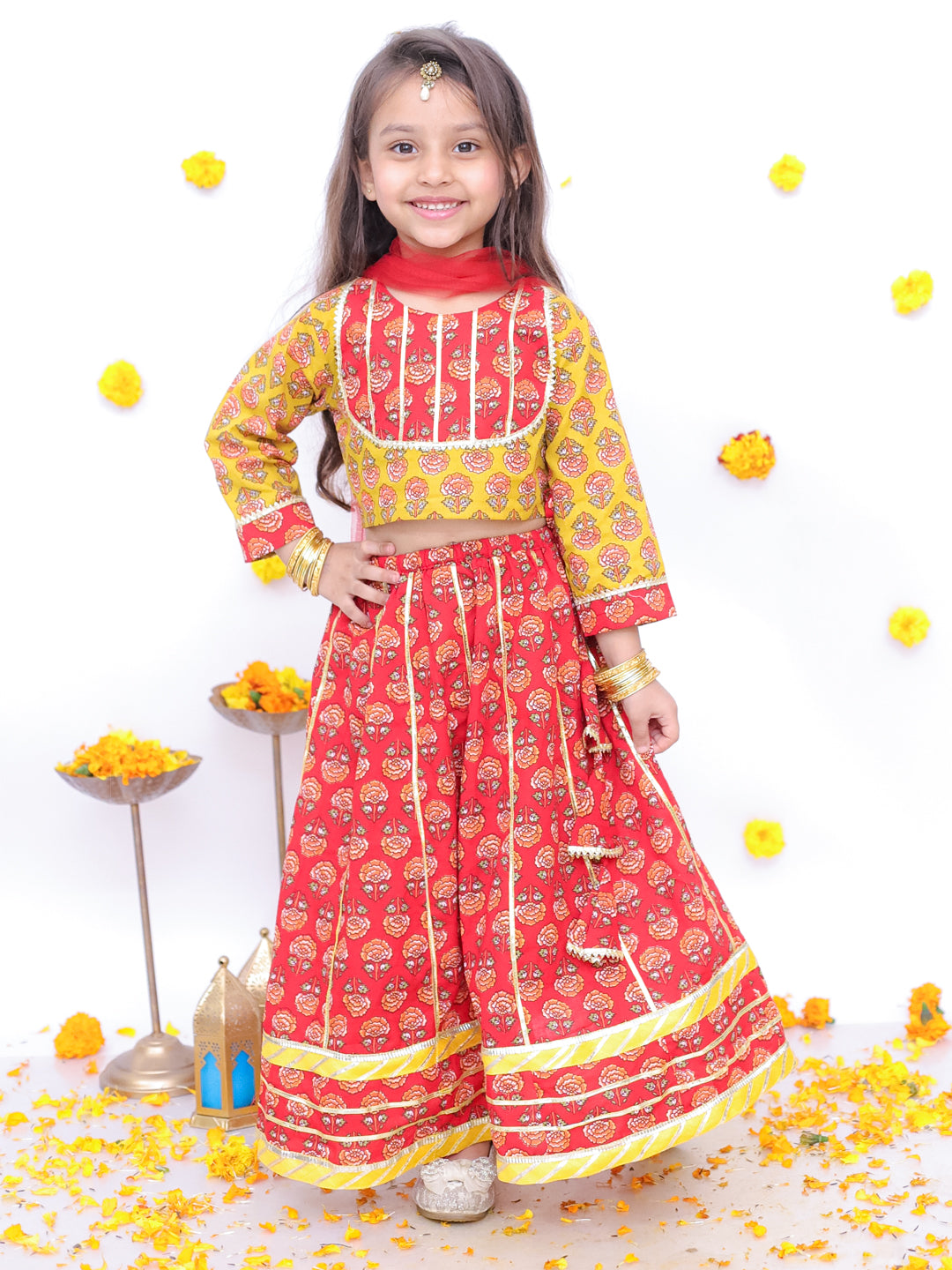 BownBee Festive Lehenga Choli & Kurta Pajama Sibling Set - Red