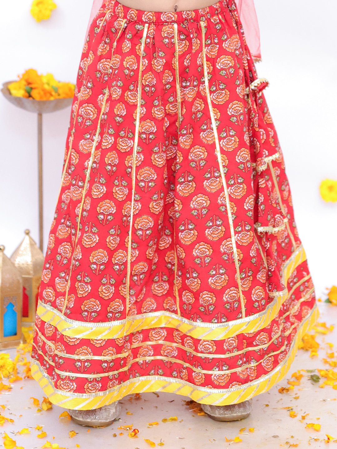 BownBee Festive Lehenga Choli & Kurta Pajama Sibling Set - Red/Yellow