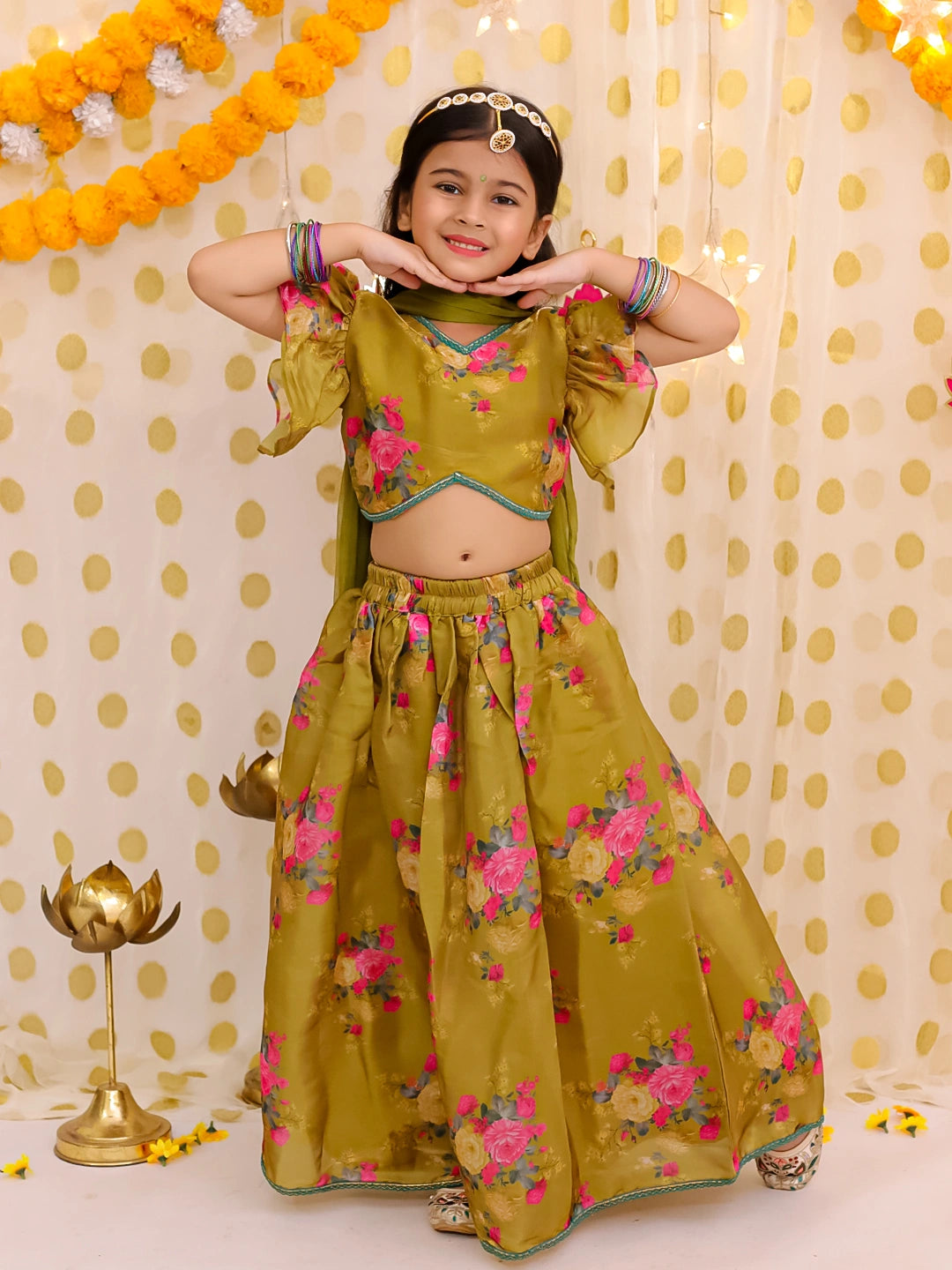 BownBee Flared Sleeves Lehenga Choli With Dupatta Set For Girls