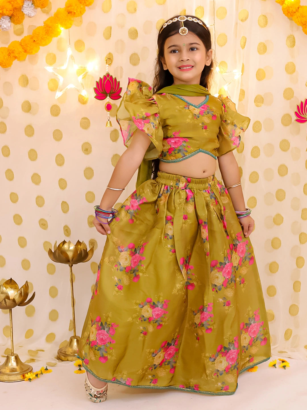 BownBee Flared Sleeves Lehenga Choli With Dupatta Set For Girls