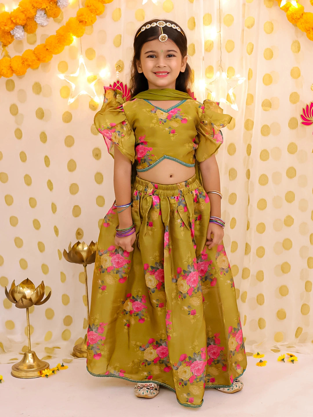 BownBee Flared Sleeves Lehenga Choli With Dupatta Set For Girls