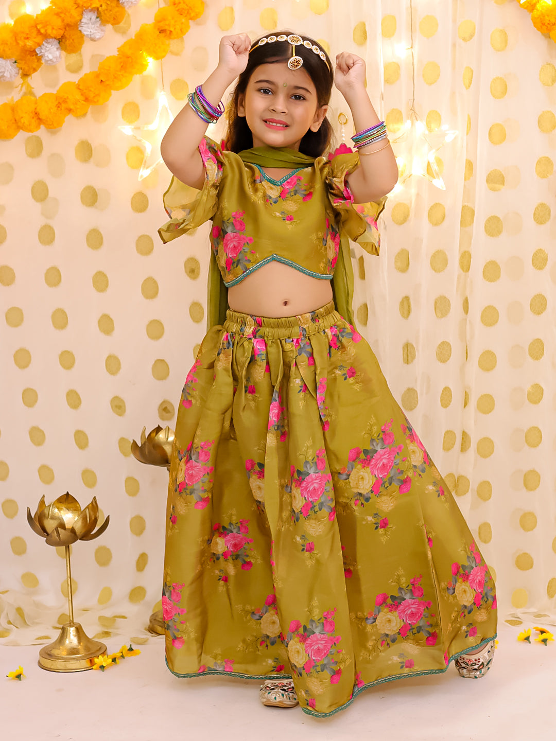 BownBee Flared Sleeves Lehenga Choli With Dupatta Set For Girls - Mustard