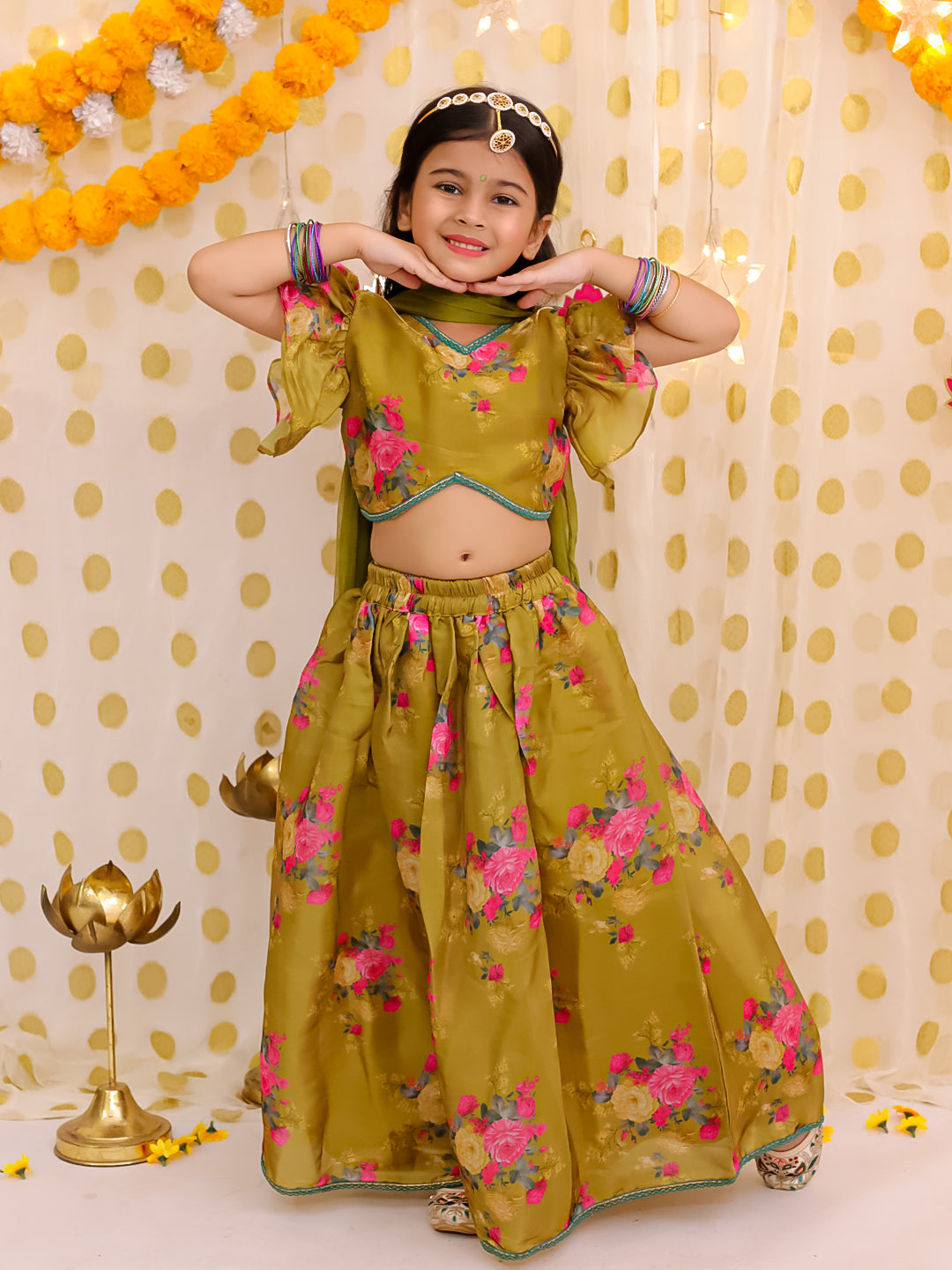 BownBee Floral Lehenga Choli With Chanderi Jacket Dhoti Kurta Sibling Set - Mustard