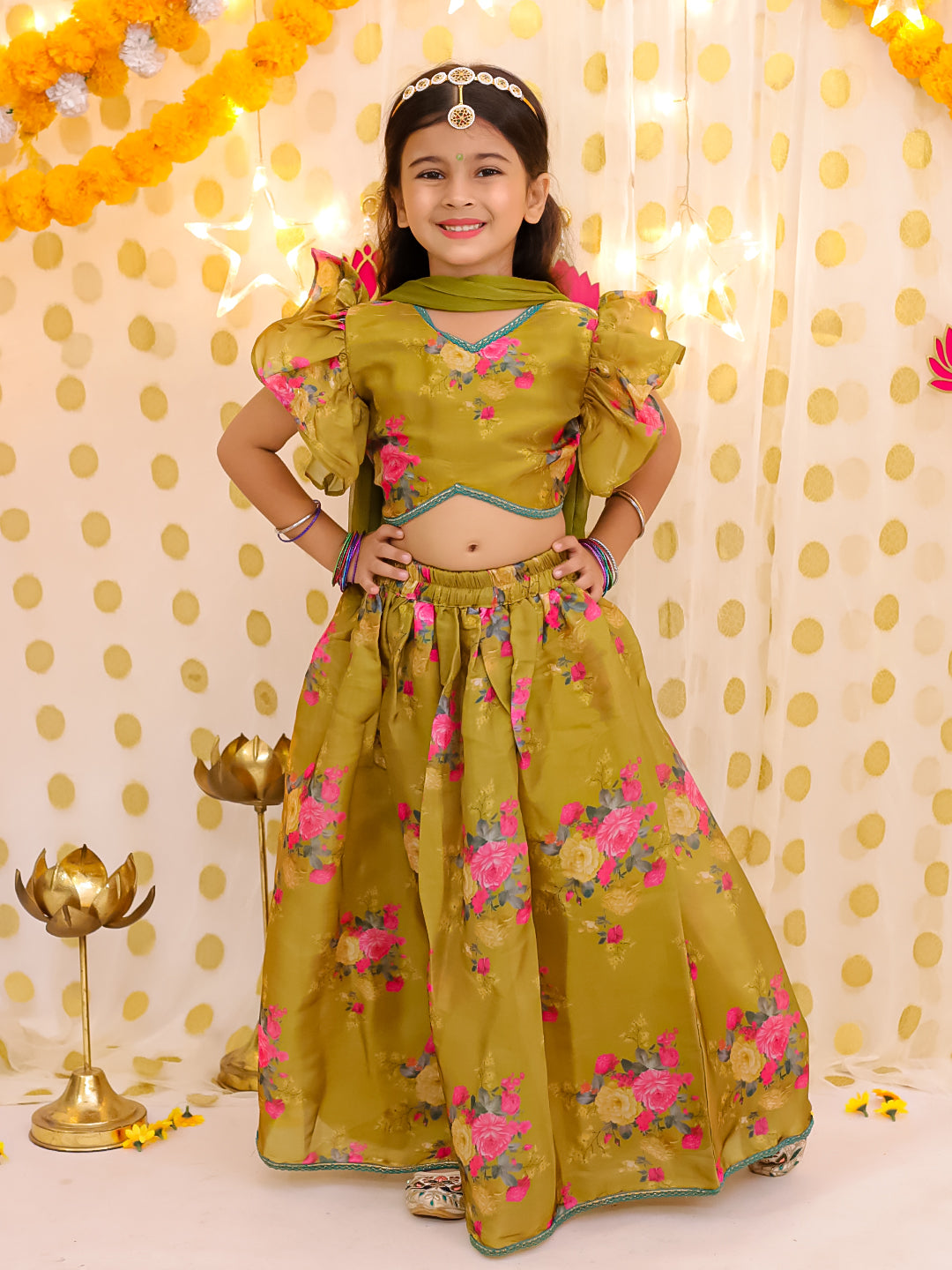 BownBee Flared Sleeves Lehenga Choli With Dupatta Set For Girls - Mustard