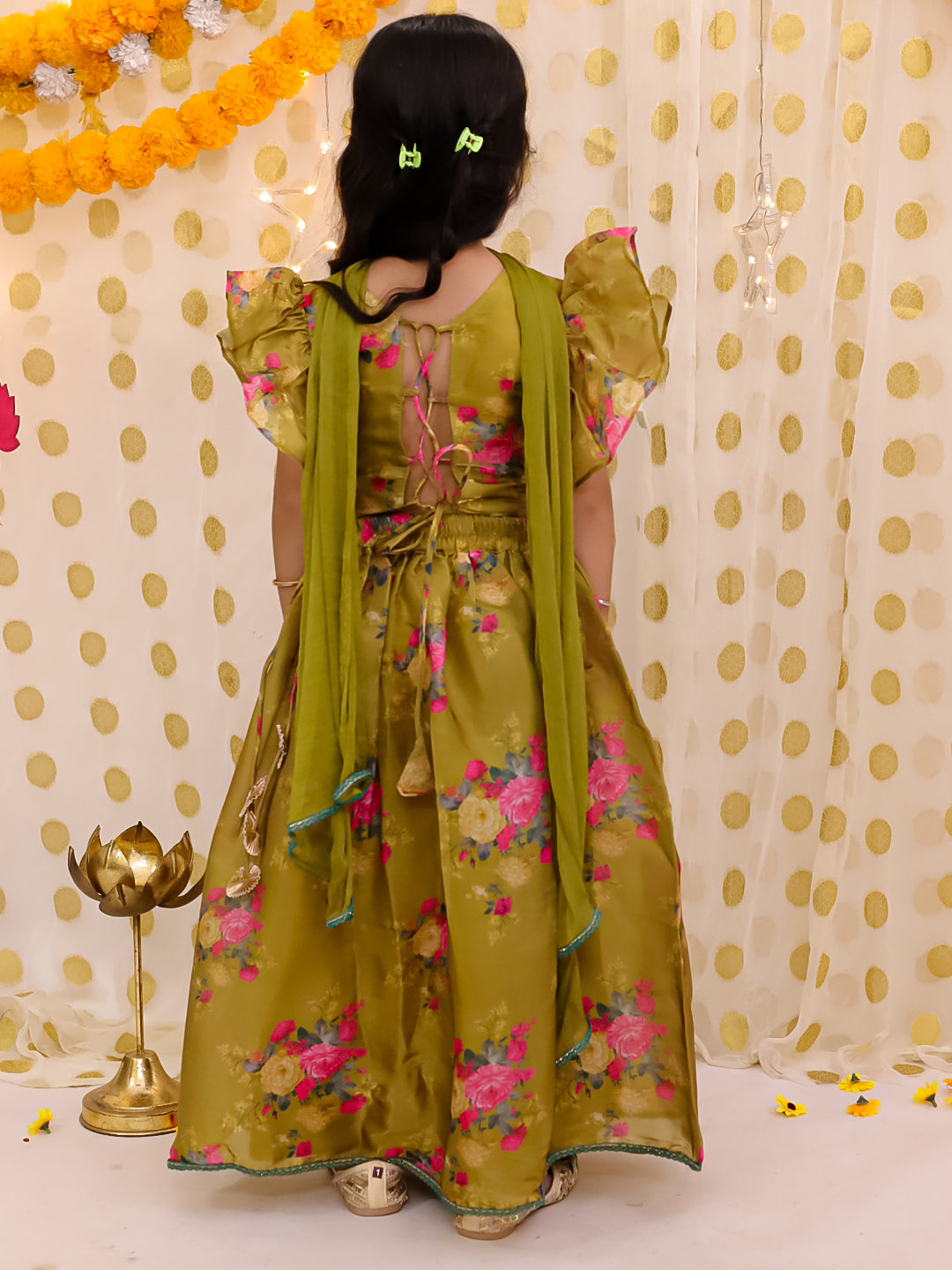 BownBee Flared Sleeves Lehenga Choli With Dupatta Set For Girls - Mustard