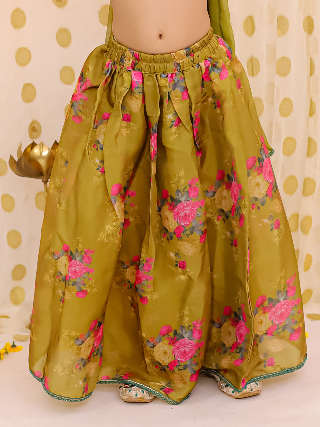 BownBee Flared Sleeves Lehenga Choli With Dupatta Set For Girls - Mustard