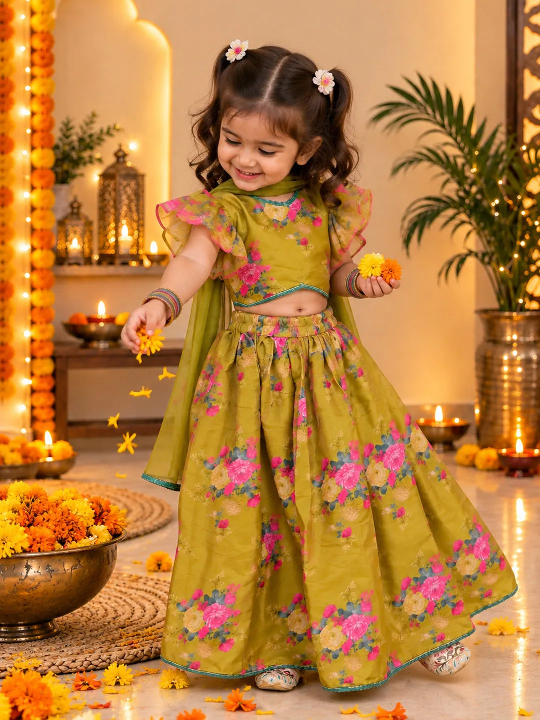 BownBee Flared Sleeves Lehenga Choli With Dupatta Set For Girls - Mustard