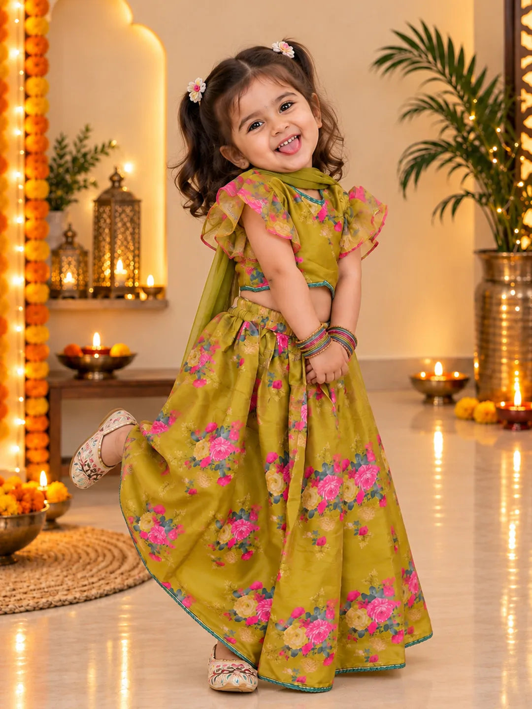 BownBee Flared Sleeves Lehenga Choli With Dupatta Set For Girls - Mustard