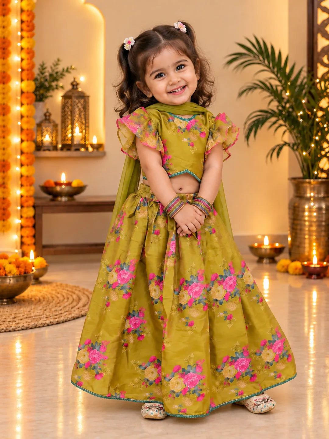 BownBee Flared Sleeves Lehenga Choli With Dupatta Set For Girls - Mustard