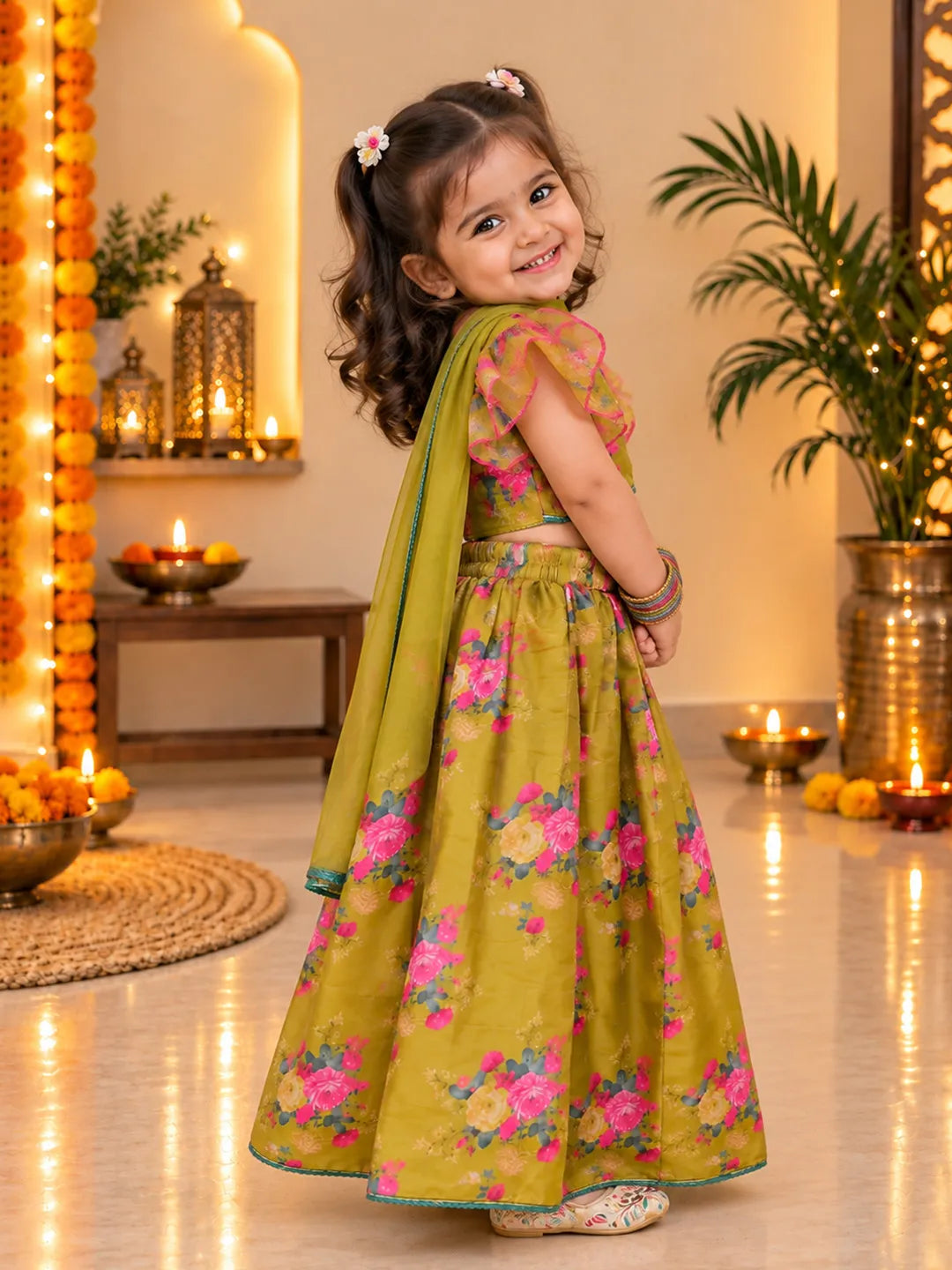 BownBee Flared Sleeves Lehenga Choli With Dupatta Set For Girls - Mustard