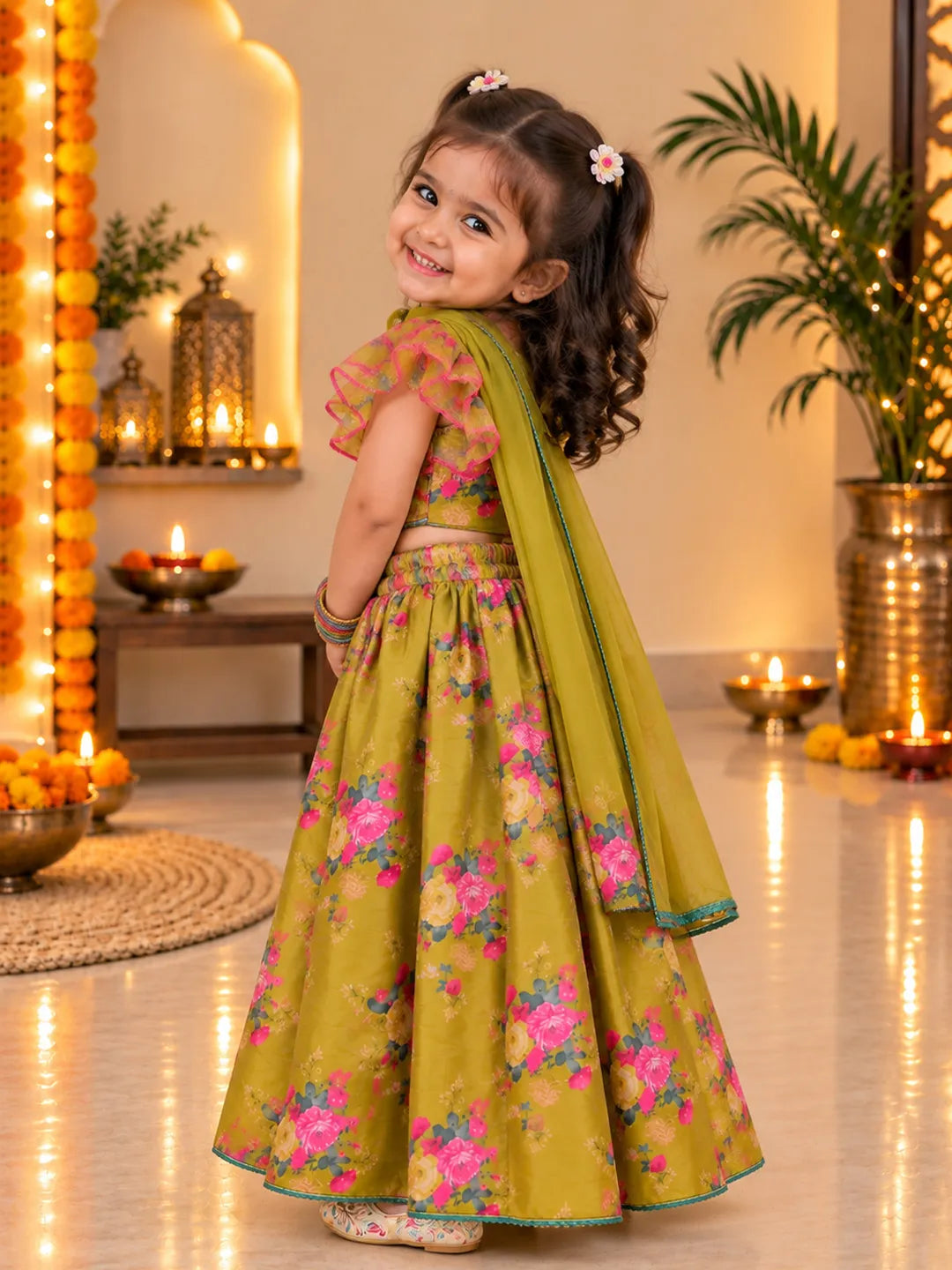 BownBee Flared Sleeves Lehenga Choli With Dupatta Set For Girls - Mustard