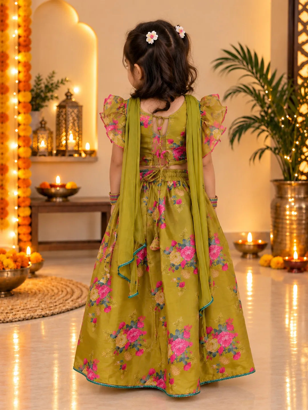 BownBee Flared Sleeves Lehenga Choli With Dupatta Set For Girls - Mustard