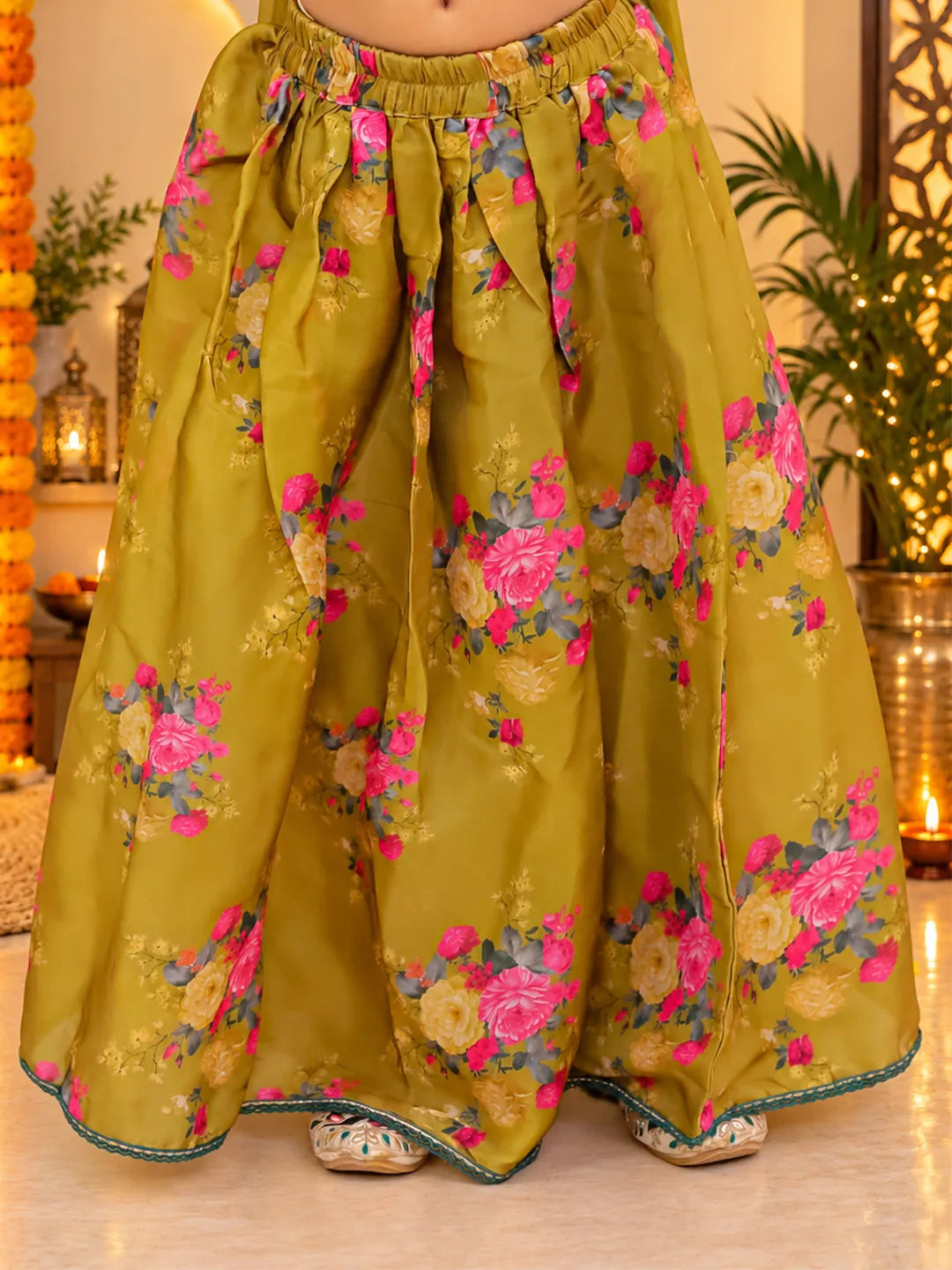 BownBee Flared Sleeves Lehenga Choli With Dupatta Set For Girls - Mustard