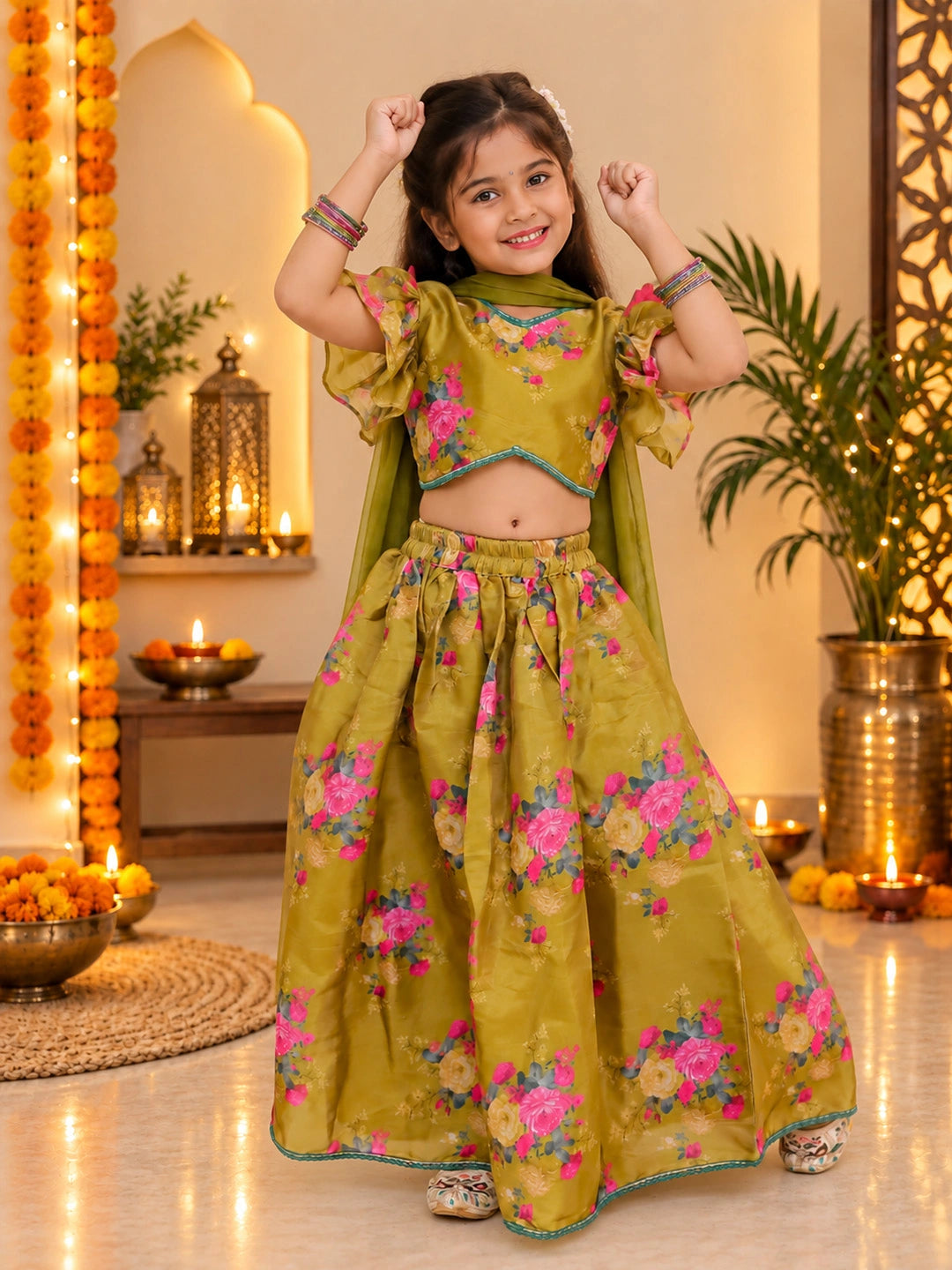 BownBee Flared Sleeves Lehenga Choli With Dupatta Set For Girls - Mustard