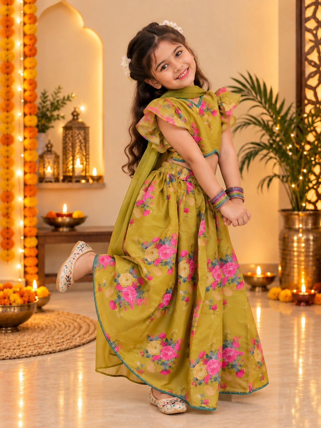 BownBee Flared Sleeves Lehenga Choli With Dupatta Set For Girls - Mustard
