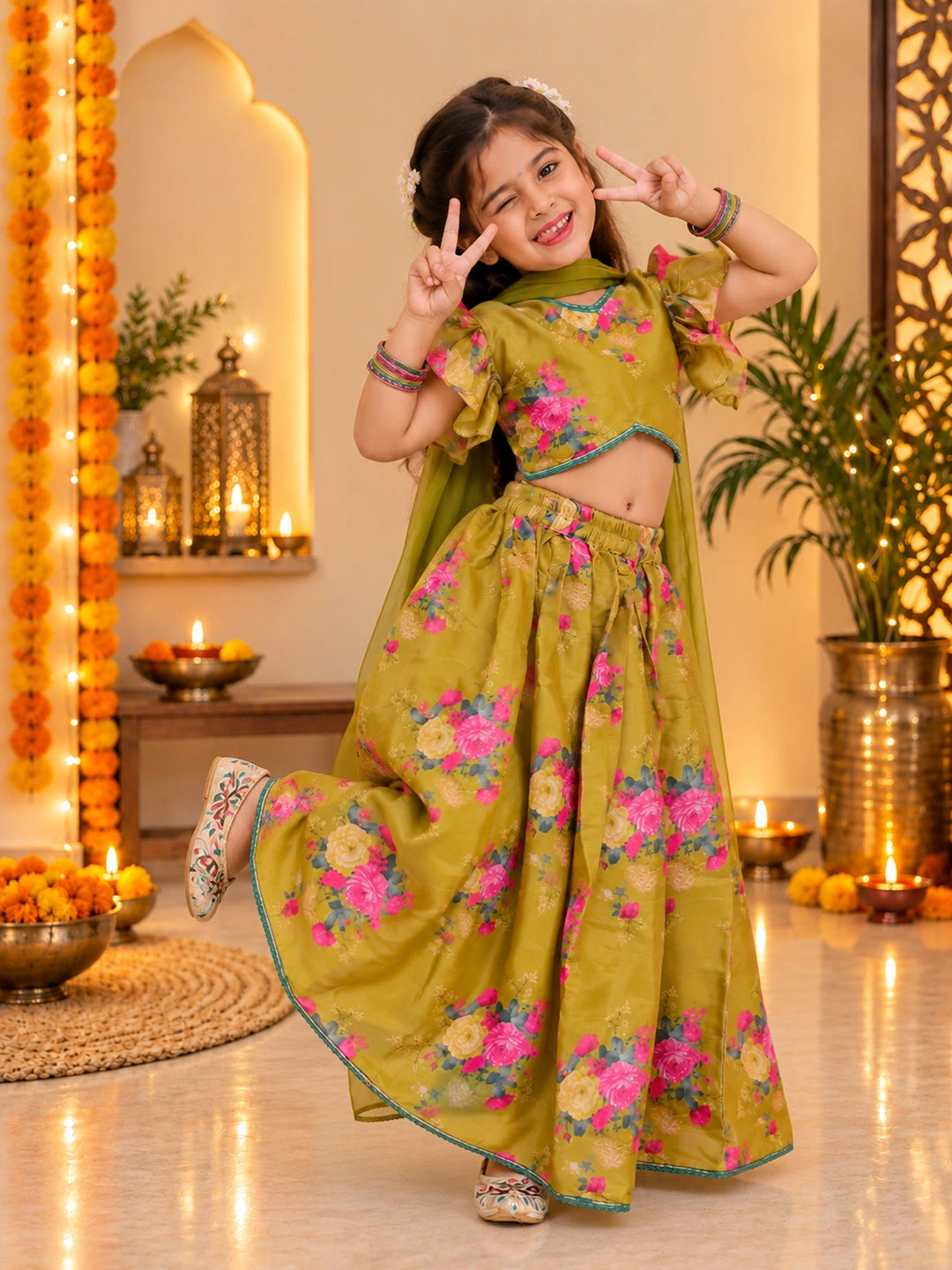 BownBee Flared Sleeves Lehenga Choli With Dupatta Set For Girls - Mustard