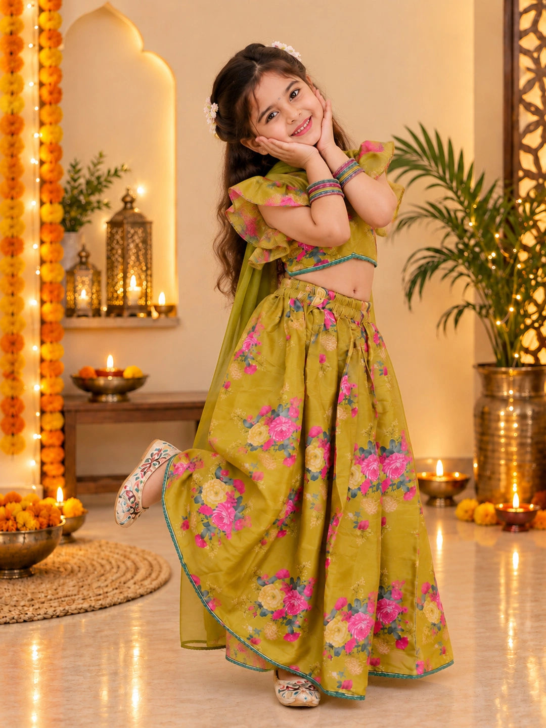 BownBee Flared Sleeves Lehenga Choli With Dupatta Set For Girls - Mustard
