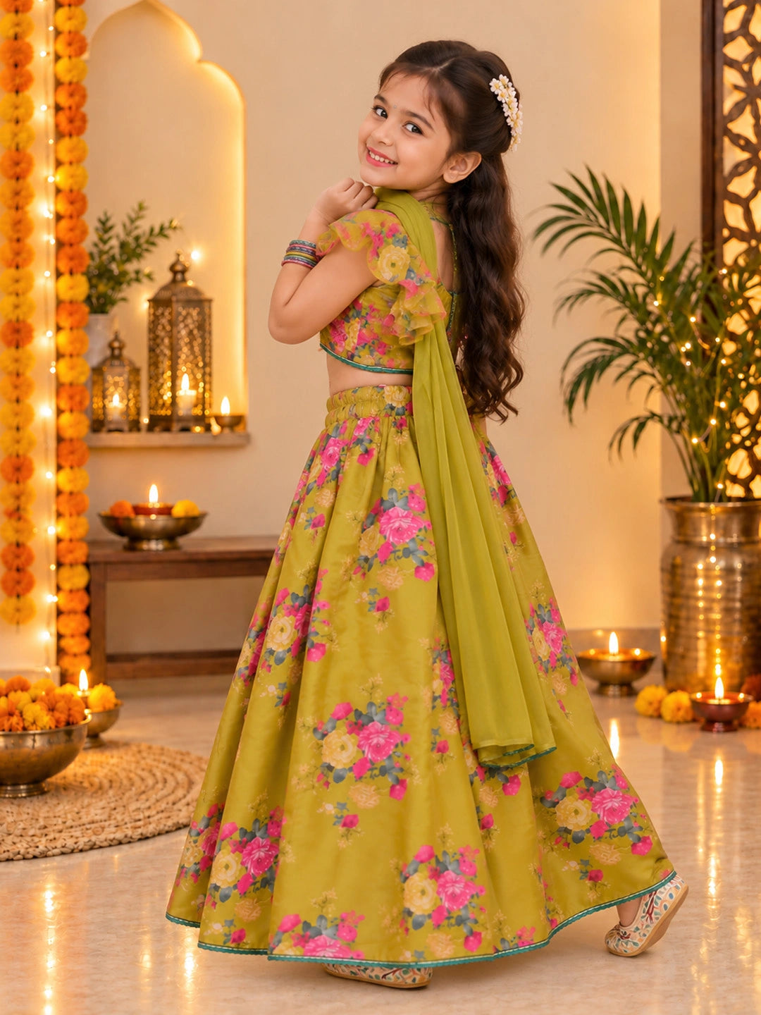 BownBee Flared Sleeves Lehenga Choli With Dupatta Set For Girls - Mustard