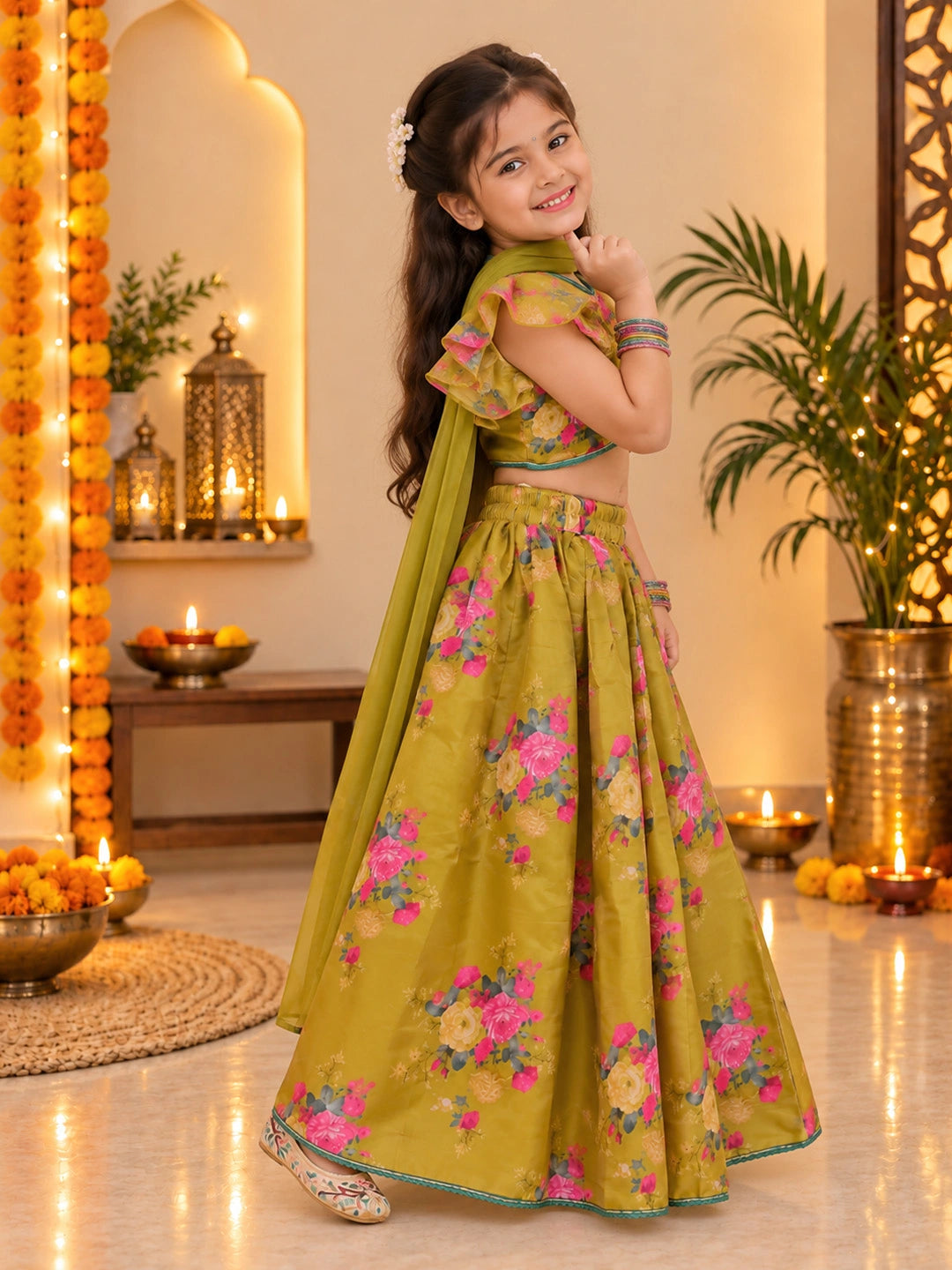 BownBee Flared Sleeves Lehenga Choli With Dupatta Set For Girls - Mustard
