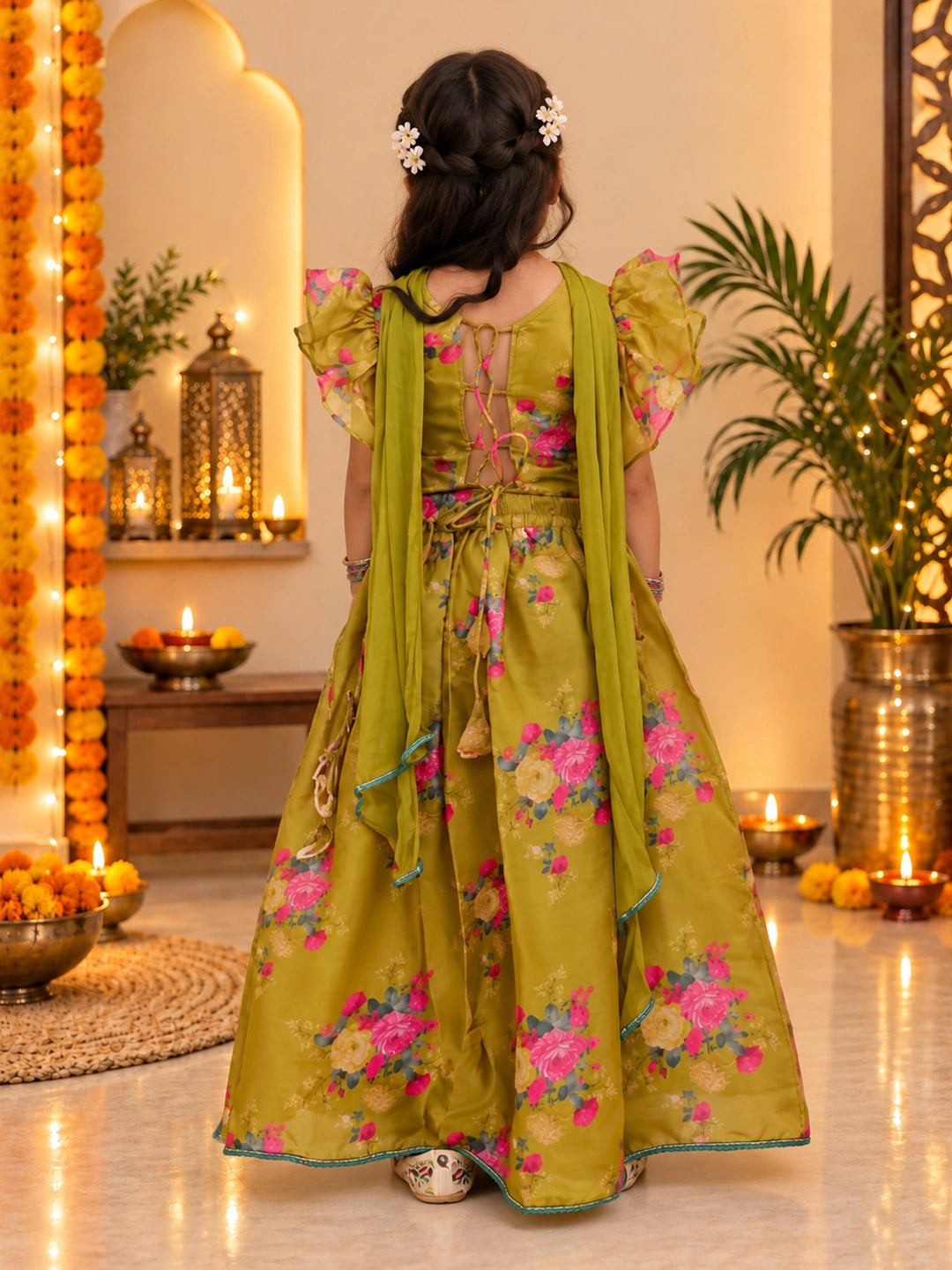 BownBee Flared Sleeves Lehenga Choli With Dupatta Set For Girls - Mustard