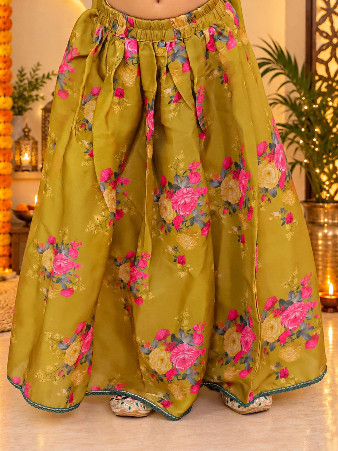BownBee Flared Sleeves Lehenga Choli With Dupatta Set For Girls - Mustard
