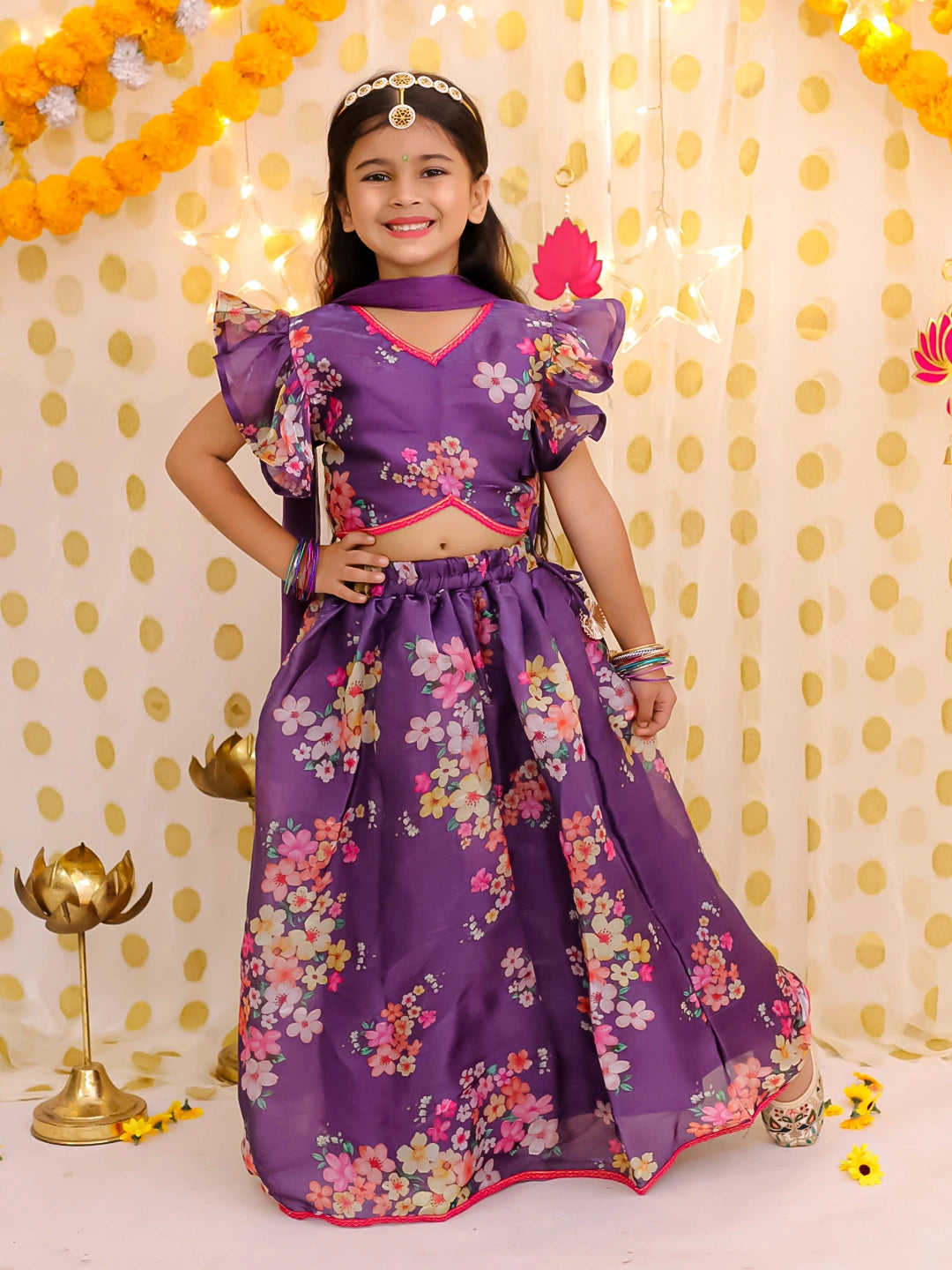 BownBee Flared Sleeves Lehenga Choli With Dupatta Set For Girls