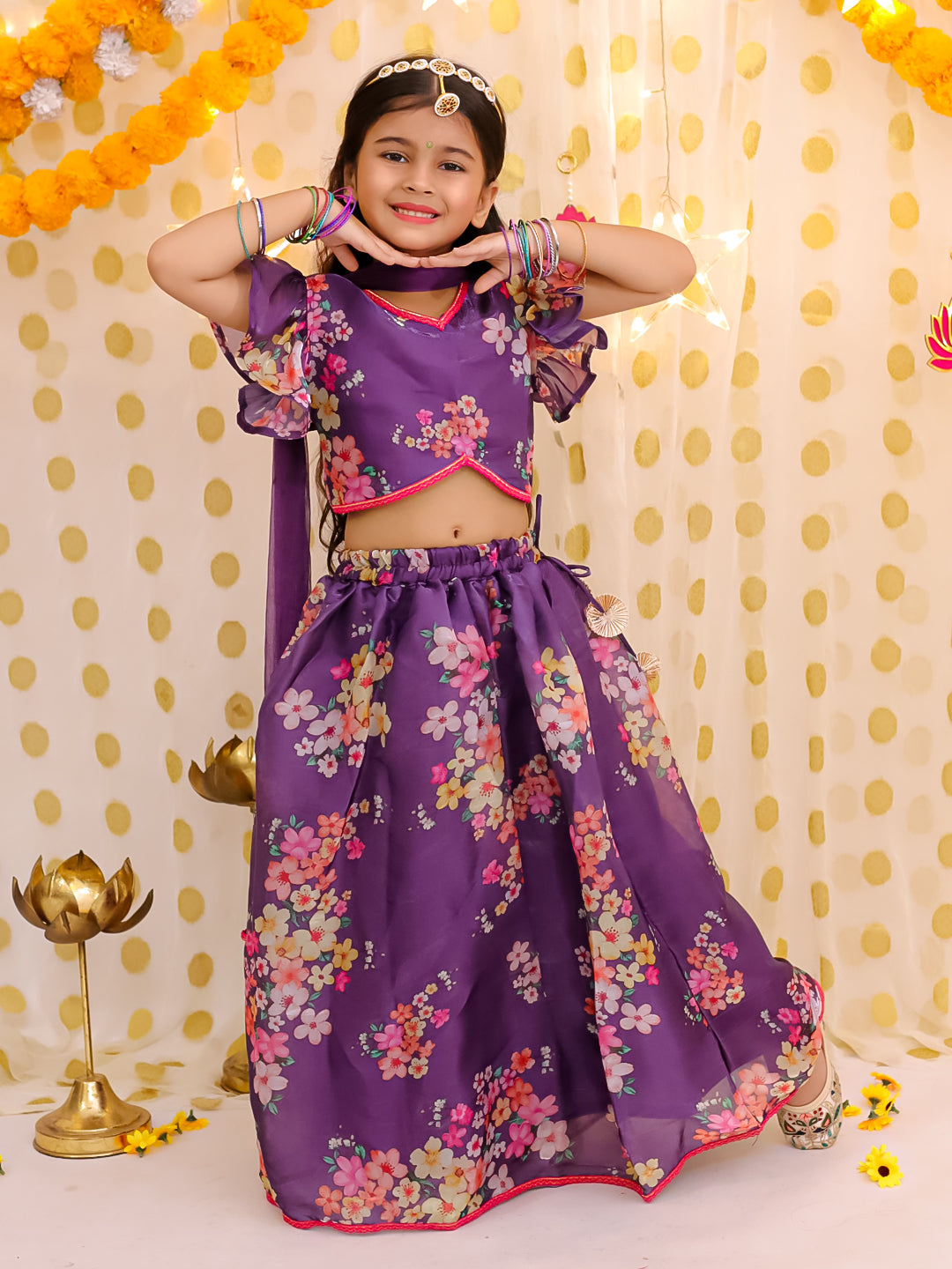 BownBee Flared Sleeves Lehenga Choli With Dupatta Set For Girls - Purple