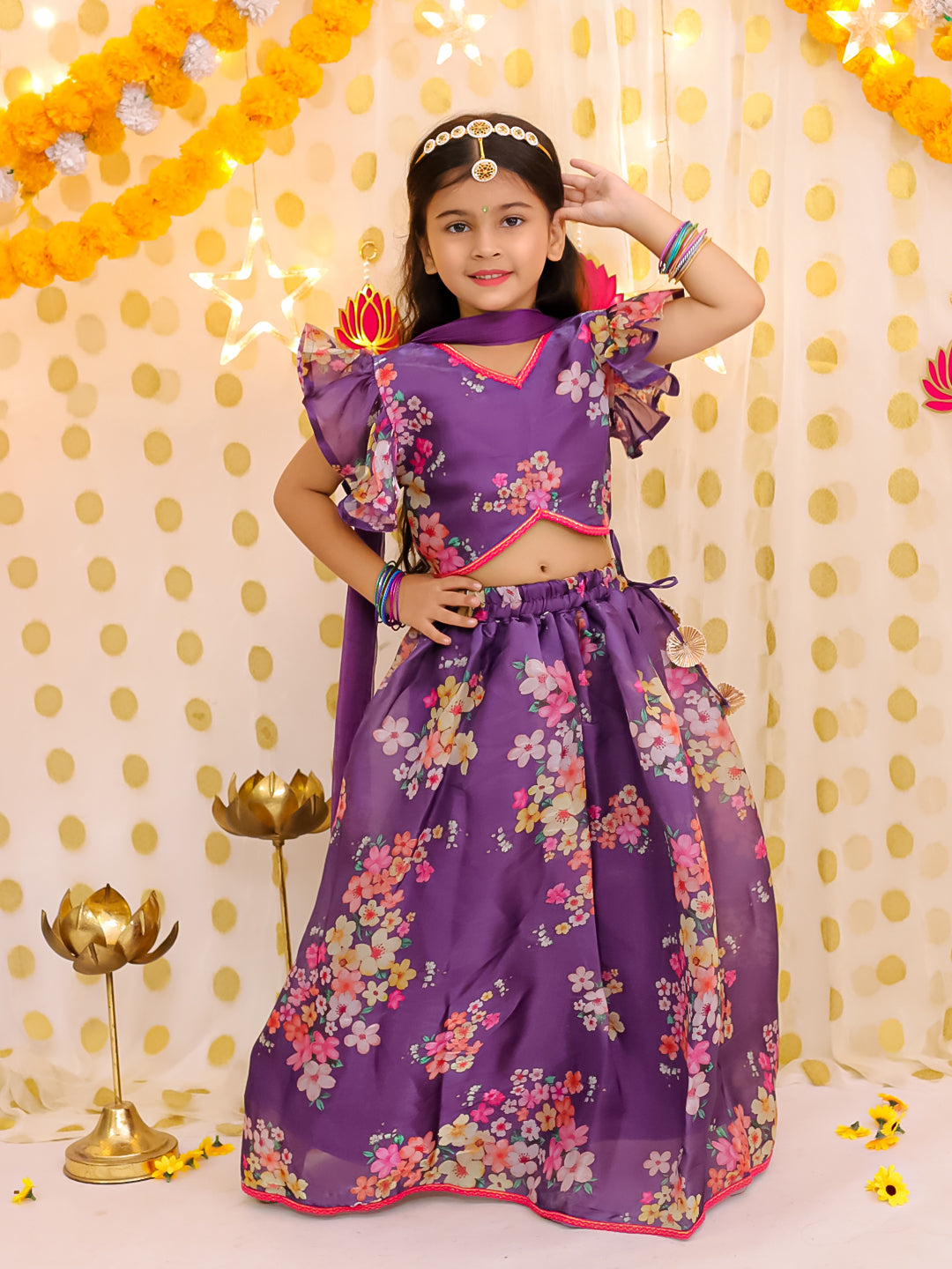 BownBee Flared Sleeves Lehenga Choli With Dupatta Set For Girls - Purple