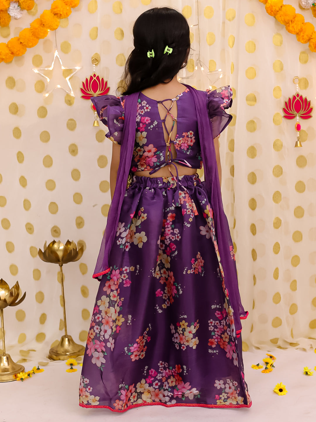 BownBee Flared Sleeves Lehenga Choli With Dupatta Set For Girls - Purple