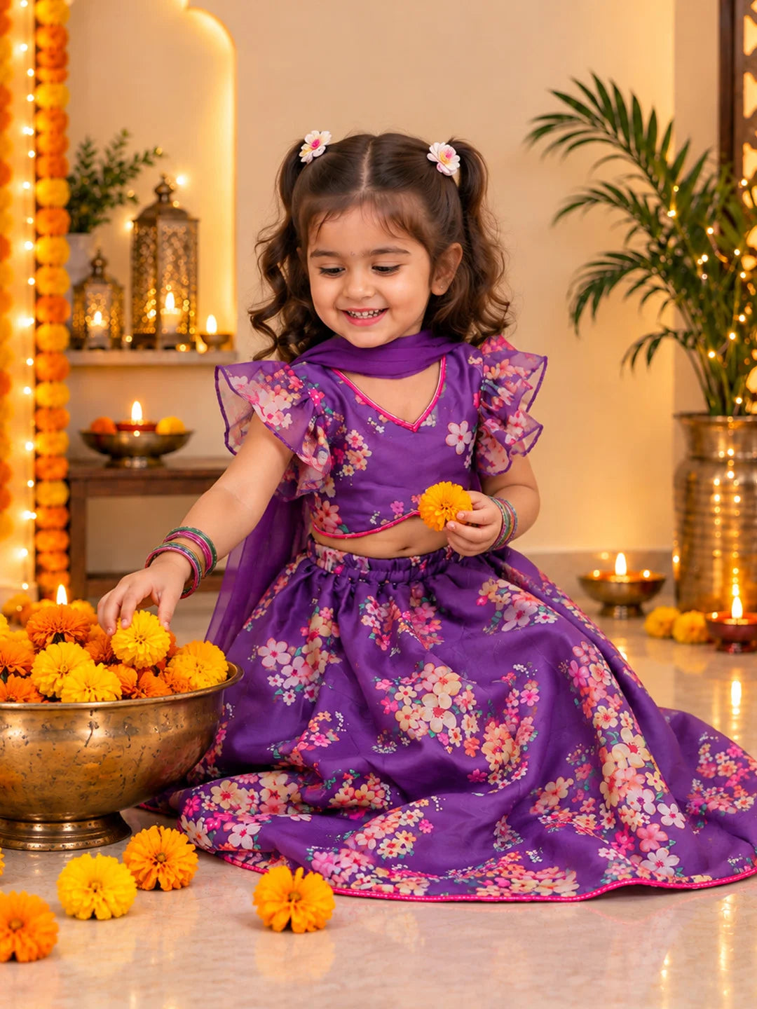 BownBee Flared Sleeves Lehenga Choli With Dupatta Set For Girls - Purple