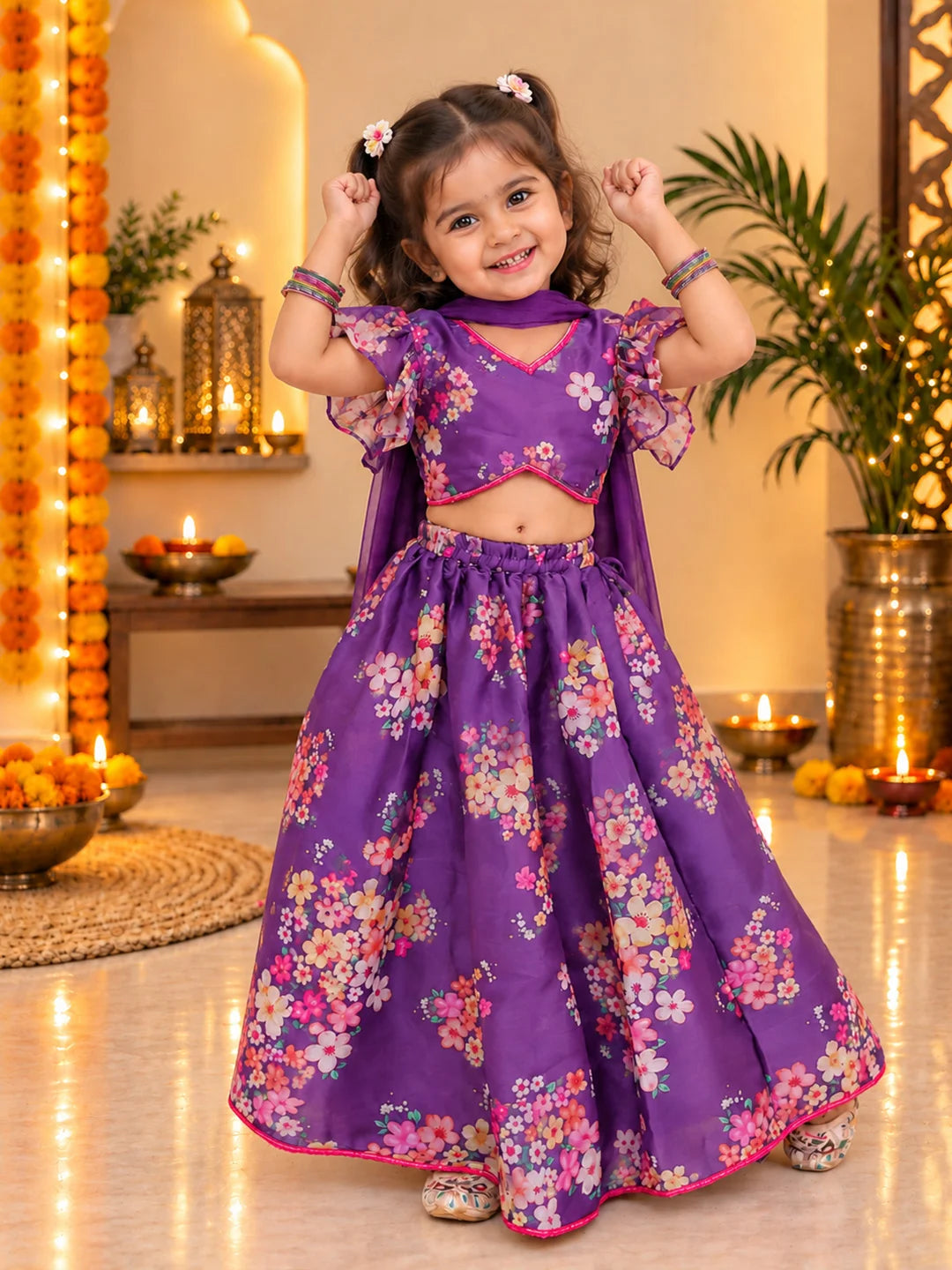 BownBee Flared Sleeves Lehenga Choli With Dupatta Set For Girls - Purple