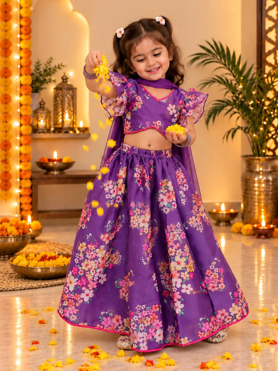 BownBee Flared Sleeves Lehenga Choli With Dupatta Set For Girls - Purple