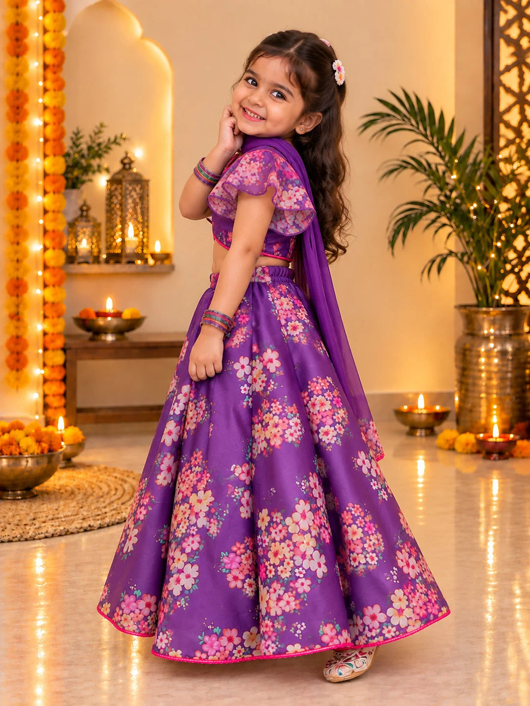 BownBee Flared Sleeves Lehenga Choli With Dupatta Set For Girls - Purple