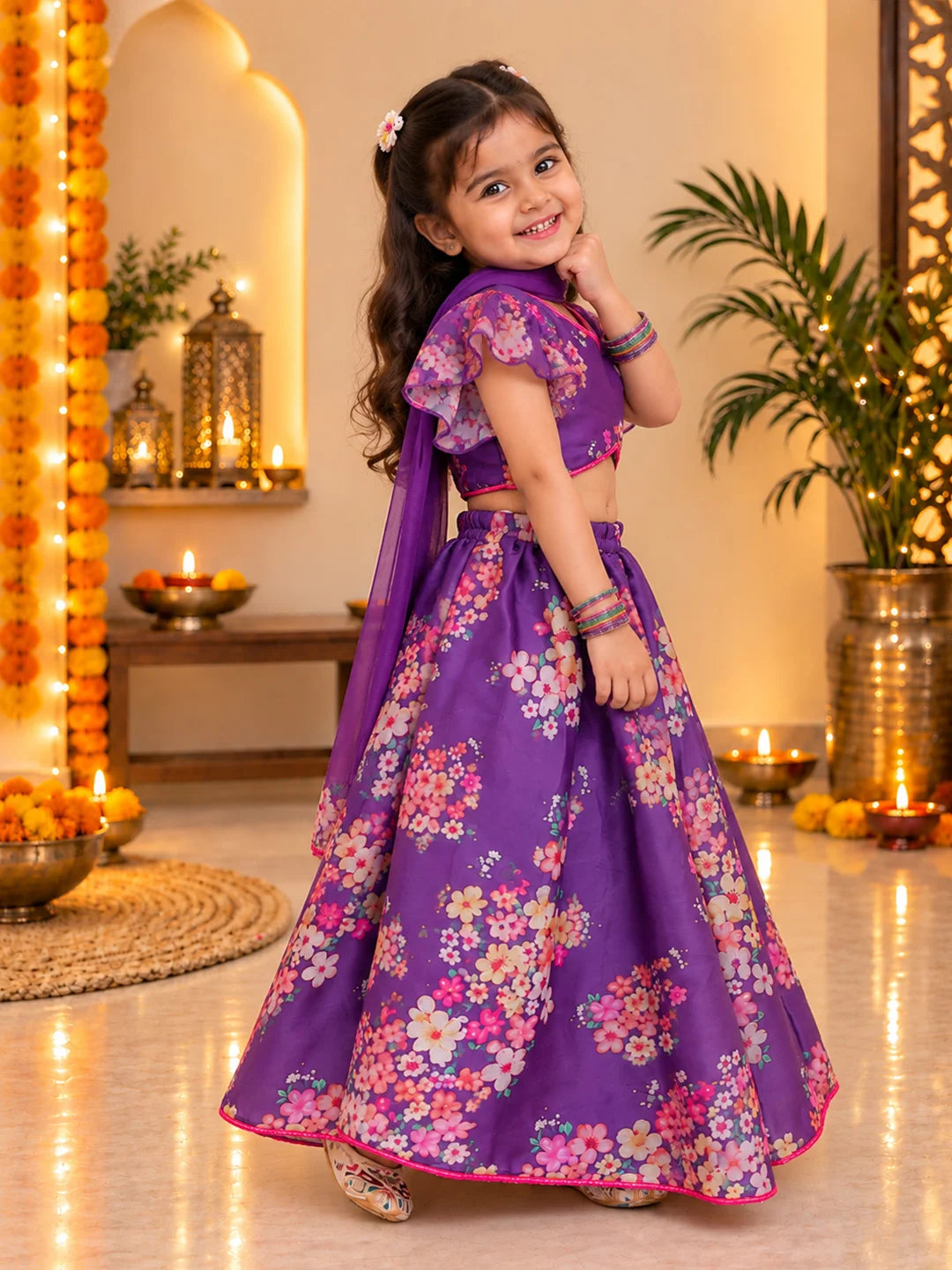 BownBee Flared Sleeves Lehenga Choli With Dupatta Set For Girls - Purple