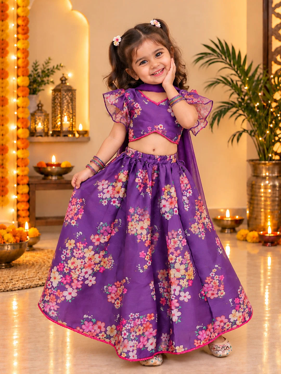 BownBee Flared Sleeves Lehenga Choli With Dupatta Set For Girls - Purple