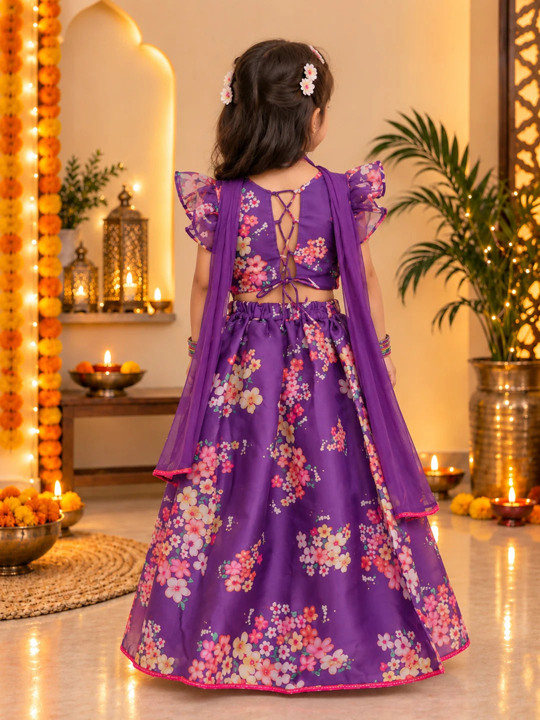 BownBee Flared Sleeves Lehenga Choli With Dupatta Set For Girls - Purple