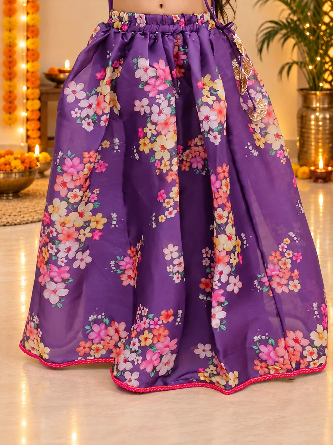 BownBee Flared Sleeves Lehenga Choli With Dupatta Set For Girls - Purple