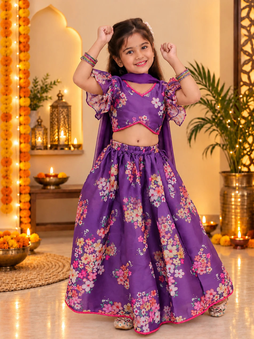 BownBee Flared Sleeves Lehenga Choli With Dupatta Set For Girls - Purple