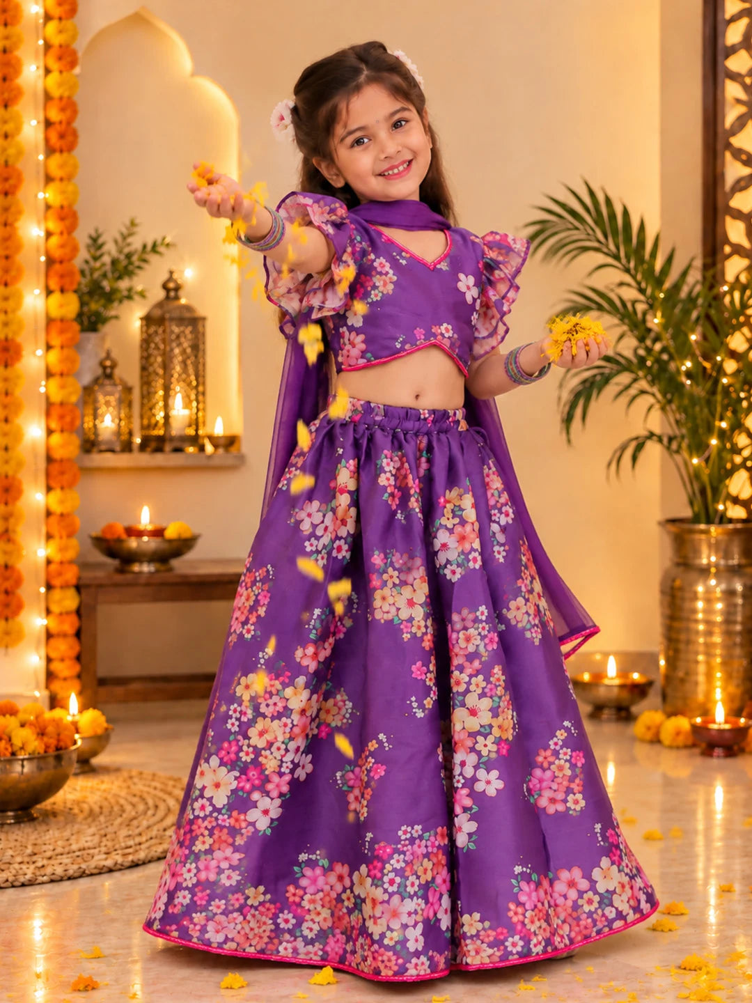 BownBee Flared Sleeves Lehenga Choli With Dupatta Set For Girls - Purple