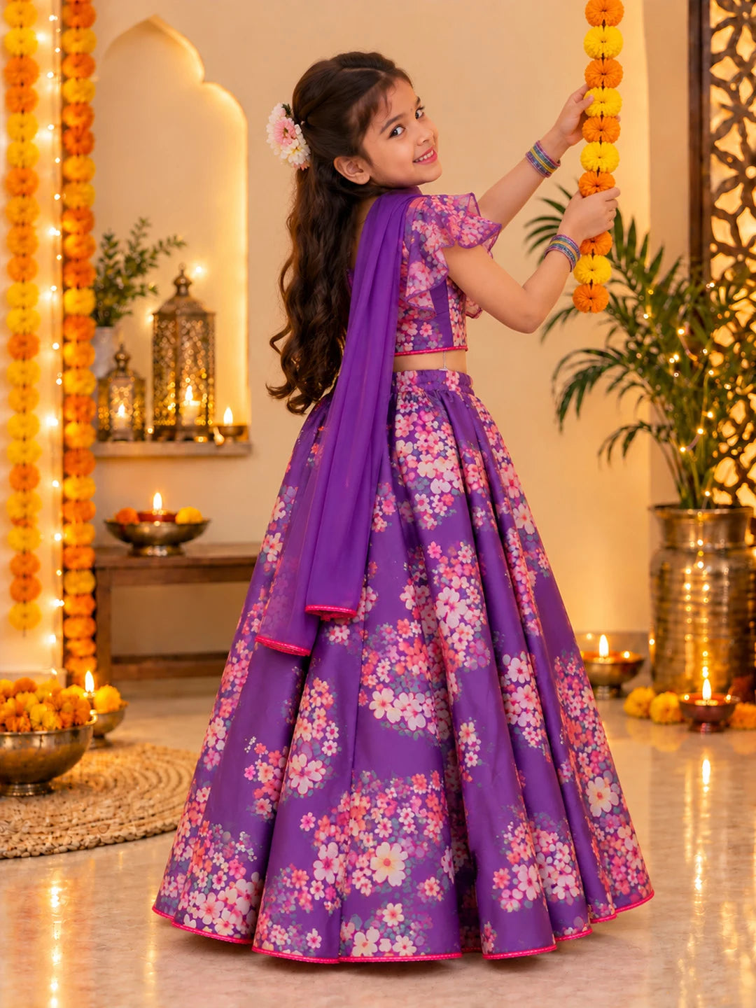 BownBee Flared Sleeves Lehenga Choli With Dupatta Set For Girls - Purple