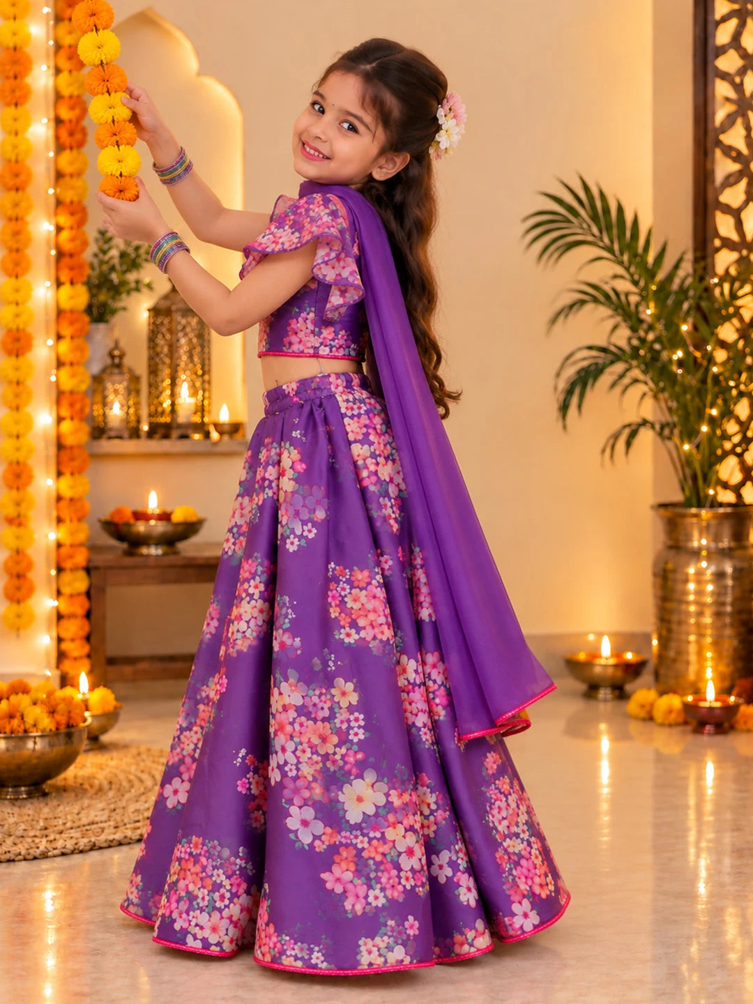 BownBee Flared Sleeves Lehenga Choli With Dupatta Set For Girls - Purple