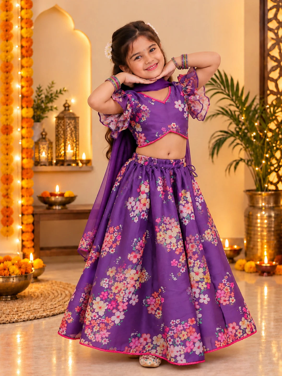 BownBee Flared Sleeves Lehenga Choli With Dupatta Set For Girls - Purple