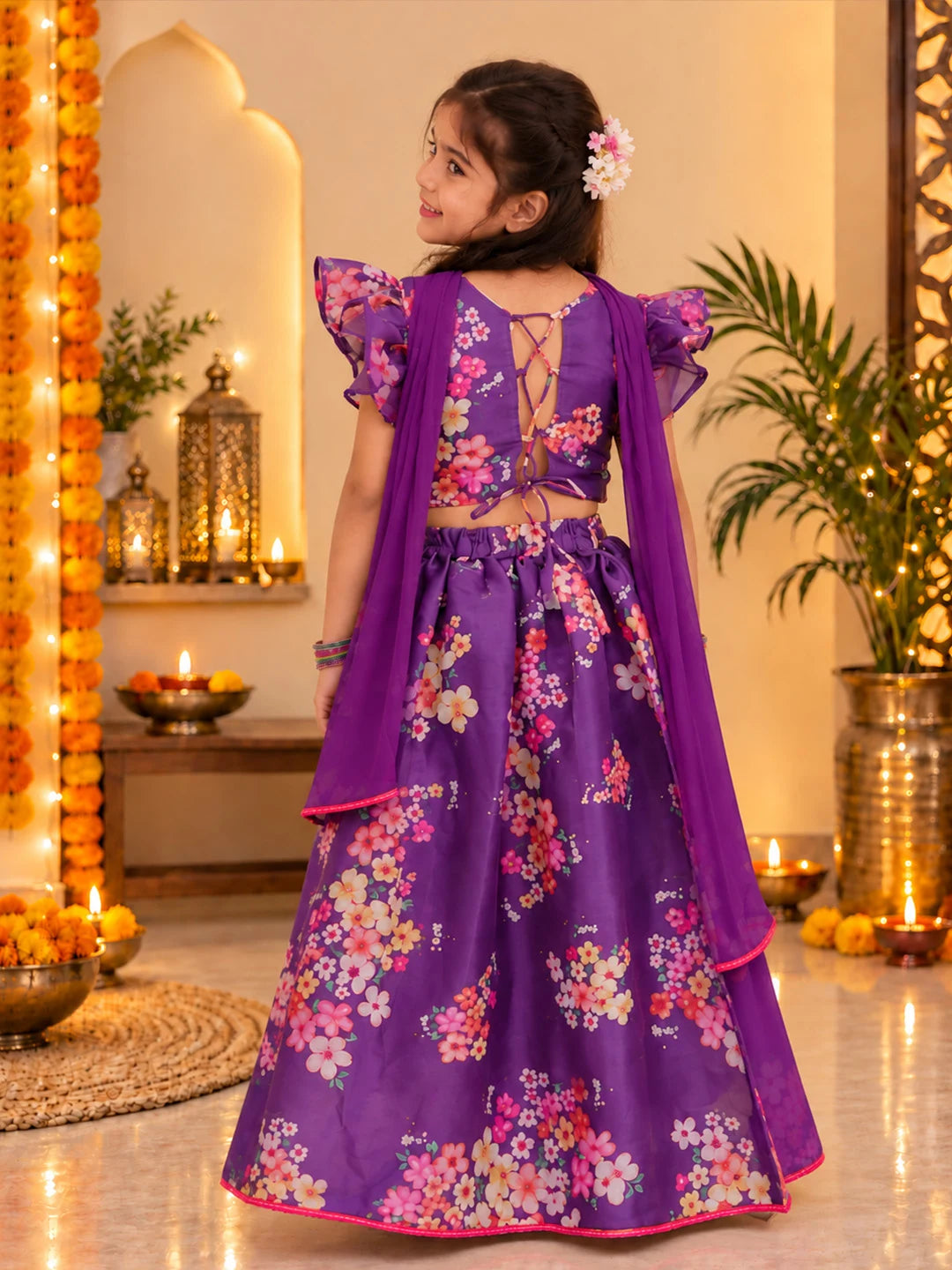 BownBee Flared Sleeves Lehenga Choli With Dupatta Set For Girls - Purple