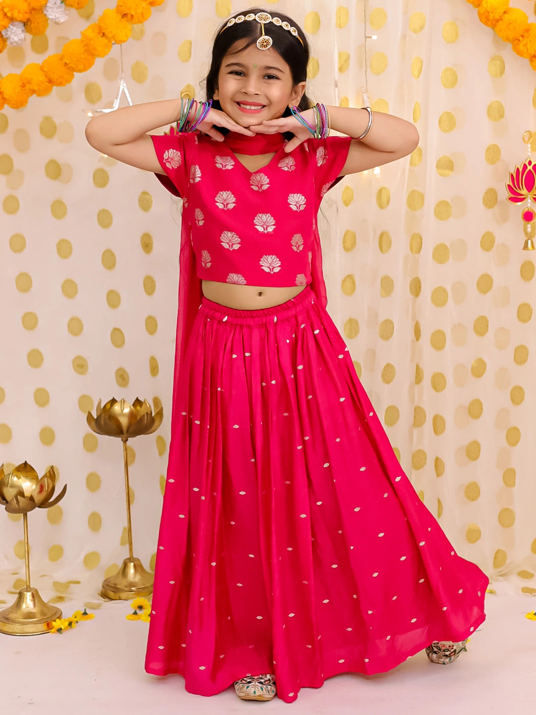 BownBee Short Sleeves Chanderi Lehenga Choli With Dupatta Set For Girls