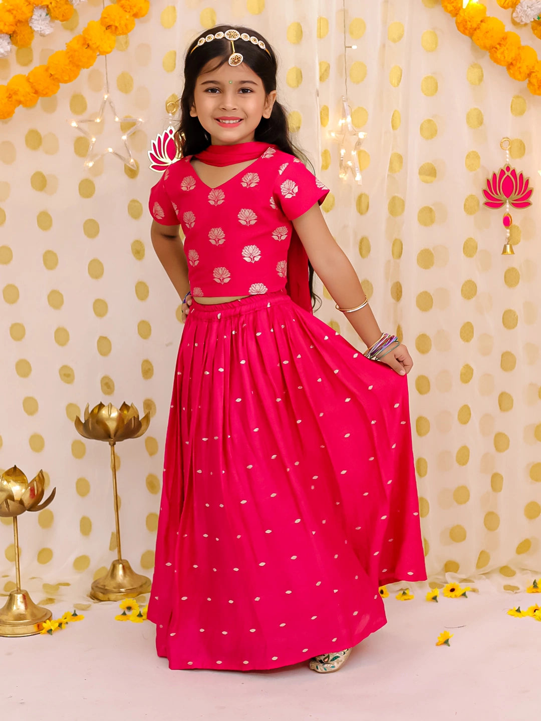 BownBee Short Sleeves Chanderi Lehenga Choli With Dupatta Set For Girls