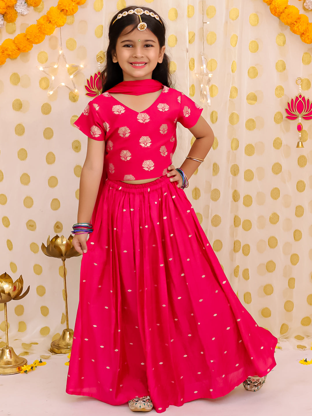 BownBee Short Sleeves Chanderi Lehenga Choli With Dupatta Set For Girls - Pink