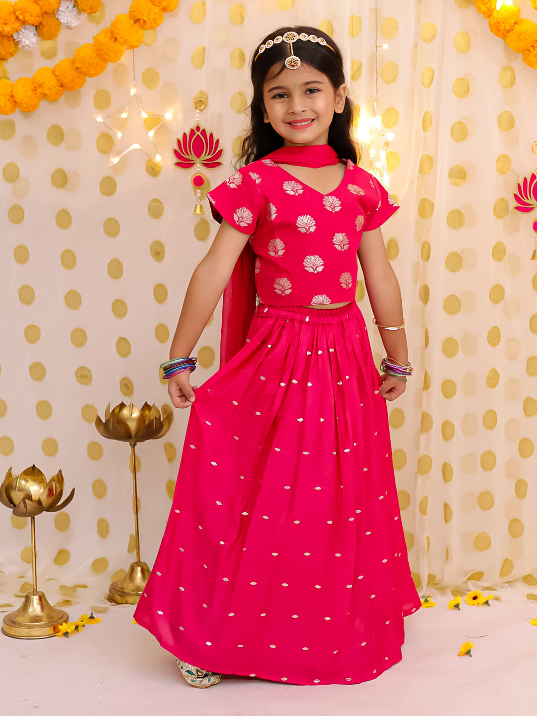 BownBee Short Sleeves Chanderi Lehenga Choli With Dupatta Set For Girls - Pink