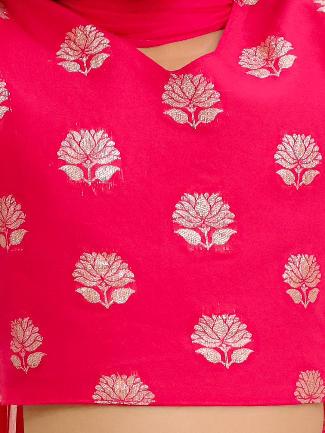 BownBee Short Sleeves Chanderi Lehenga Choli With Dupatta Set For Girls - Pink