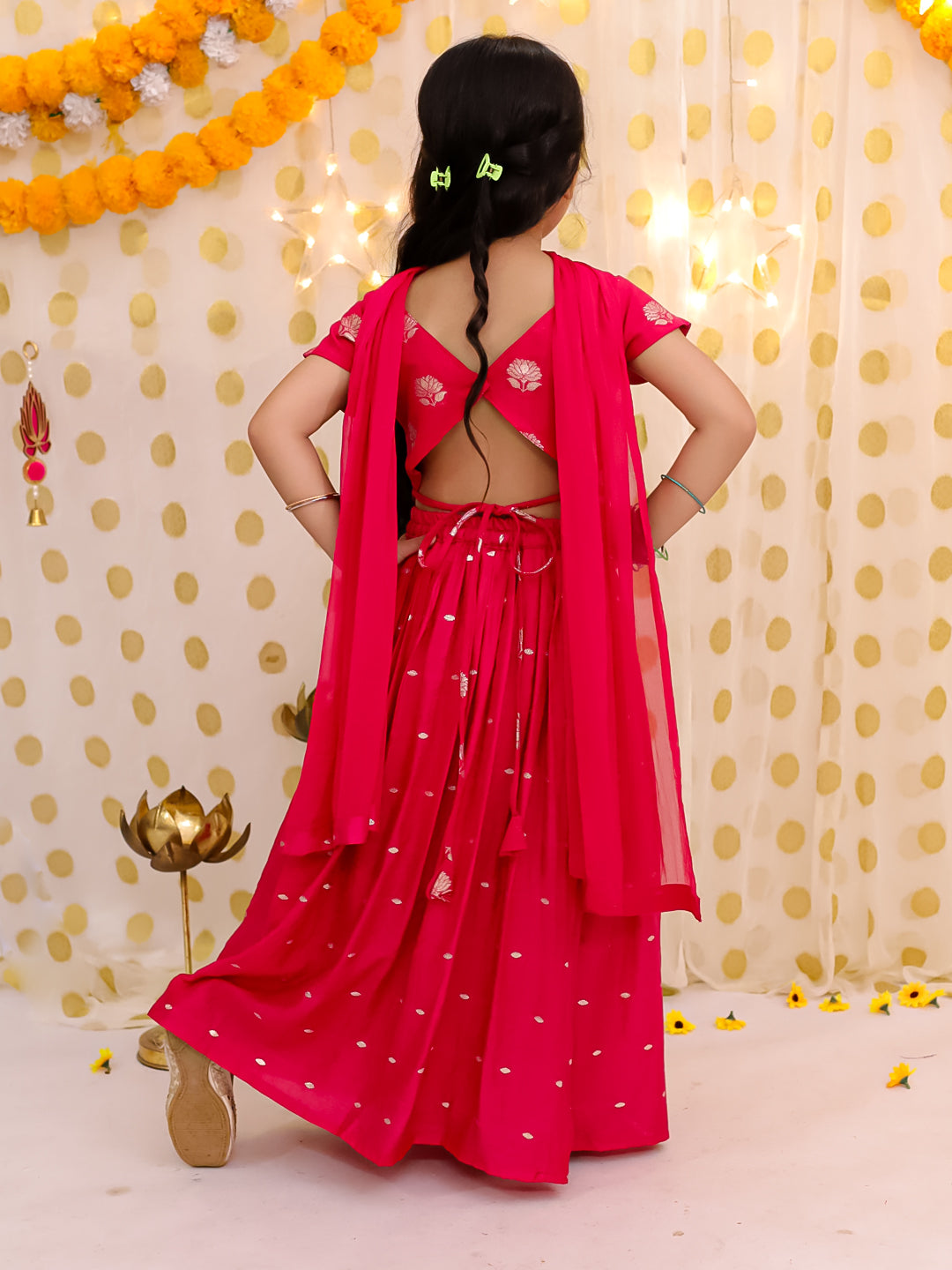 BownBee Short Sleeves Chanderi Lehenga Choli With Dupatta Set For Girls - Pink